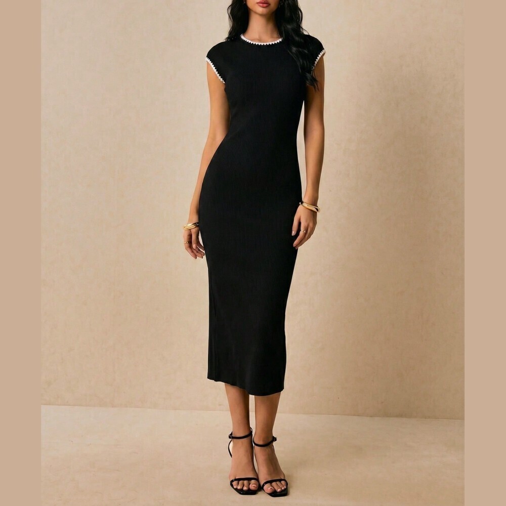 Black Ribbed Knit Contrast Trim Cap Sleeve Midi Dress